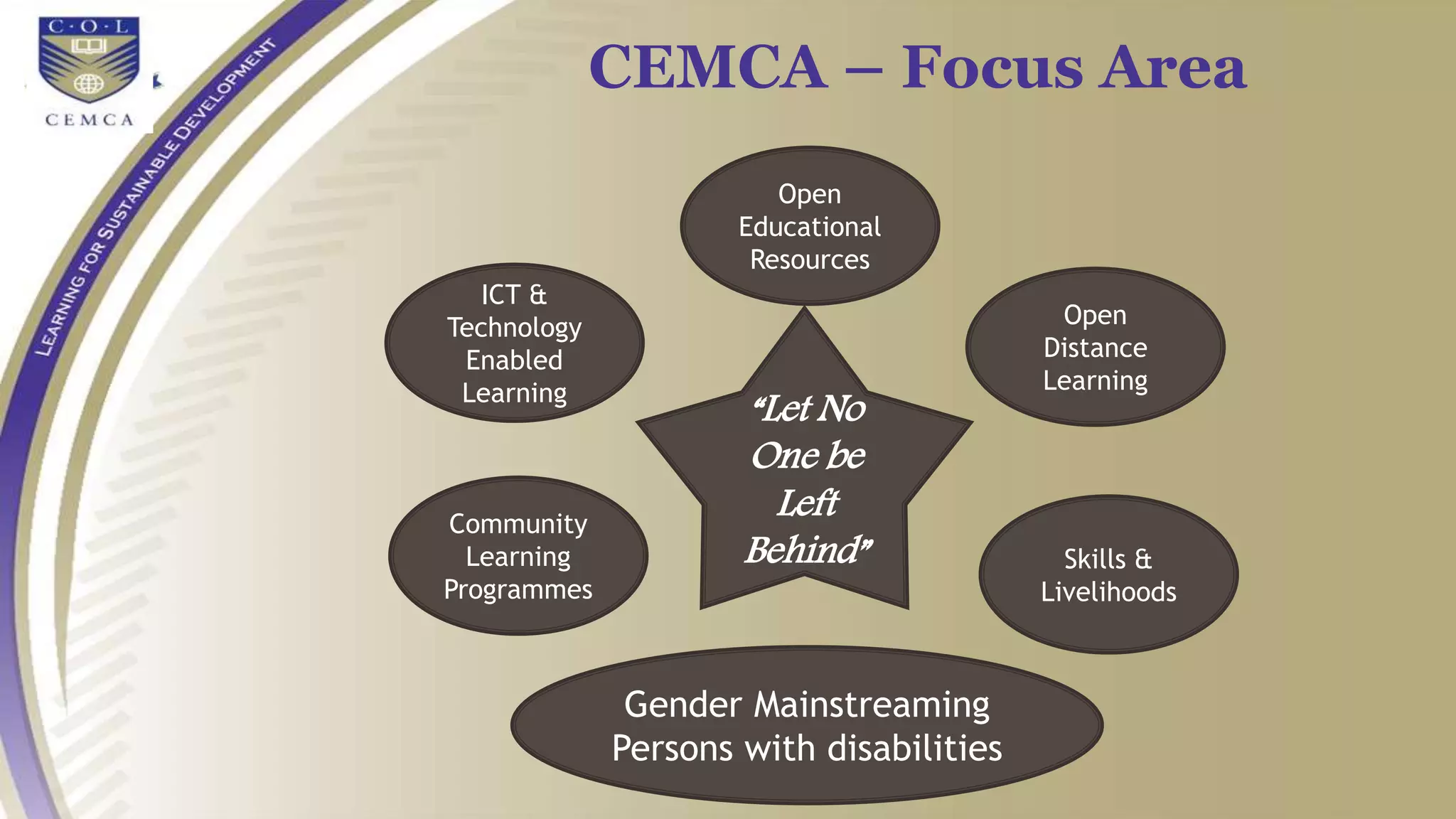 CEMCA – Focus Area
Open
Educational
Resources
Community
Learning
Programmes
Gender Mainstreaming
Persons with disabilities
ICT &
Technology
Enabled
Learning
Open
Distance
Learning
Skills &
Livelihoods
“Let No
One be
Left
Behind”
 