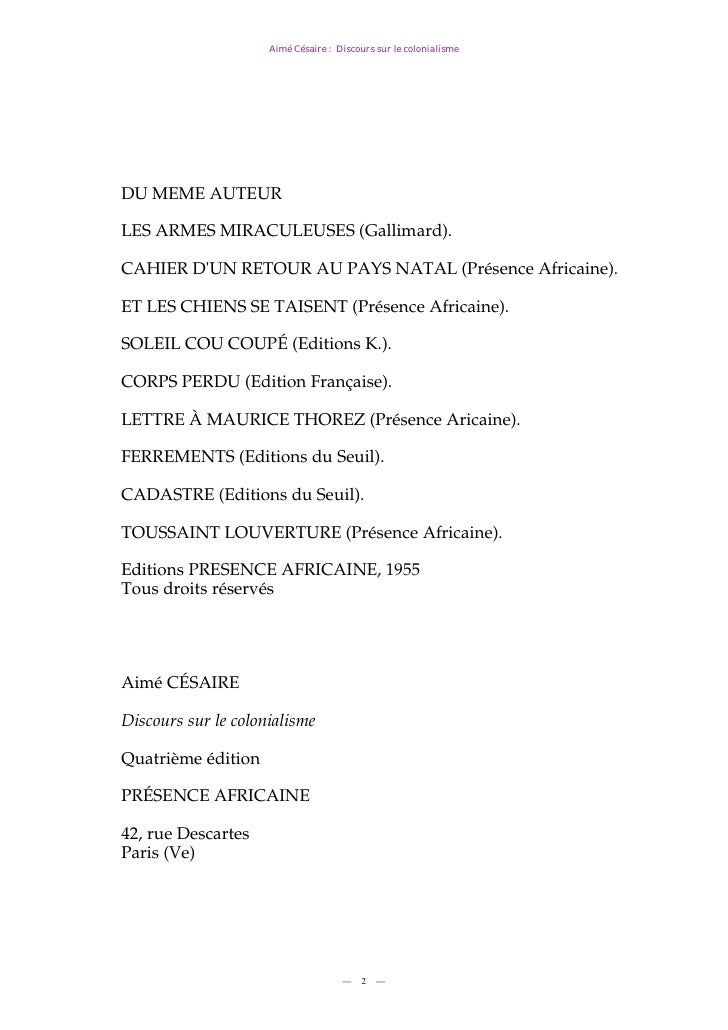 Aime Cesaire Discours Sur Le Colonialisme 1955