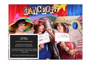 Red Stag
Party People
A new breed of party people
Competition to become the
Red Stag student ambassador
13 nationwide bespoke live events ranging
from sock wrestling, to dance offs and live
music jams
Total reach of 80,000 target consumers
Total reach of 3.3m
 