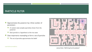 PARTICLE FILTER
 Approximates the posterior by a finite number of
parameters
 A random state samples (particles) drawn from the
posterior
 Each particle is a hypothesis to the true state
 Uses importance resampling to form a set of particles
 This set of particles approximates the belief
A.ANTONOVA & K.KOSEKOVA 12
Jeremy Cohen, “Self-Driving Cars & Localization”
 