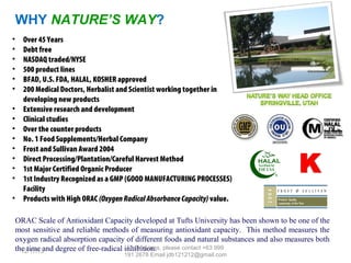 WHY NATURE’S WAY?
•
•
•
•
•
•
•
•
•
•
•
•
•
•
•

Over 45 Years
Debt free
NASDAQ traded/NYSE
500 product lines
BFAD, U.S. FDA, HALAL, KOSHER approved
200 Medical Doctors, Herbalist and Scientist working together in
developing new products
Extensive research and development
Clinical studies
Over the counter products
No. 1 Food Supplements/Herbal Company
Frost and Sullivan Award 2004
Direct Processing/Plantation/Careful Harvest Method
1st Major Certified Organic Producer
1st Industry Recognized as a GMP (GOOD MANUFACTURING PROCESSES)
Facility
Products with High ORAC (Oxygen Radical Absorbance Capacity) value.
ORAC Scale of Antioxidant Capacity developed at Tufts University has been shown to be one of the
most sensitive and reliable methods of measuring antioxidant capacity. This method measures the
oxygen radical absorption capacity of different foods and natural substances and also measures both
the time and degree of free-radical inhibition.

 