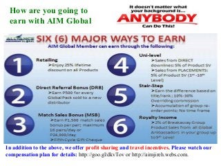 How are you going to
earn with AIM Global

In addition to the above, we offer profit sharing and travel incentives. Please watch our
compensation plan for details: http://goo.gl/dkvTov or http://aimjireh.webs.com.

 