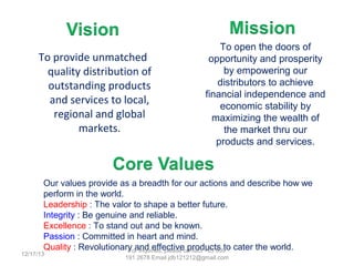 To provide unmatched
quality distribution of
outstanding products
and services to local,
regional and global
markets.

To open the doors of
opportunity and prosperity
by empowering our
distributors to achieve
financial independence and
economic stability by
maximizing the wealth of
the market thru our
products and services.

Our values provide as a breadth for our actions and describe how we
perform in the world.
Leadership : The valor to shape a better future.
Integrity : Be genuine and reliable.
Excellence : To stand out and be known.
Passion : Committed in heart and mind.
Quality : Revolutionary and effective products to cater the world.

12/25/13

For Inquiries, please contact +63 999 191 2678 Email jdb121212@gmail.com

 