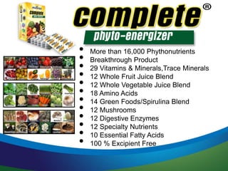 Mushrooms
• More than 16,000 Phythonutrients
• Breakthrough Product
• 29 Vitamins & Minerals,Trace Minerals
• 12 Whole Fruit Juice Blend
• 12 Whole Vegetable Juice Blend
• 18 Amino Acids
• 14 Green Foods/Spirulina Blend
• 12 Mushrooms
• 12 Digestive Enzymes
• 12 Specialty Nutrients
• 10 Essential Fatty Acids
• 100 % Excipient Free
 