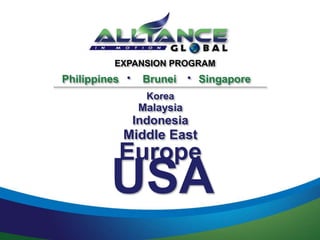 EXPANSION PROGRAM
Philippines Brunei Singapore
Korea
Malaysia
Indonesia
Middle East
Europe
USA
• •
 