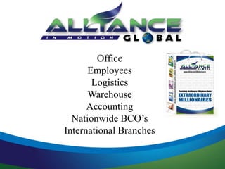 Office
Employees
Logistics
Warehouse
Accounting
Nationwide BCO’s
International Branches
 