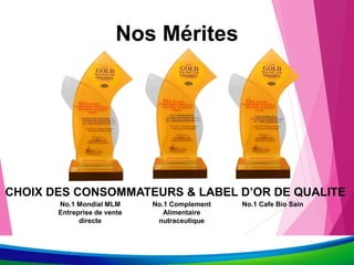 Nos Mérites
CHOIX DES CONSOMMATEURS & LABEL D’OR DE QUALITE
No.1 Mondial MLM
Entreprise de vente
directe
No.1 Complement
Alimentaire
nutraceutique
No.1 Cafe Bio Sain
 