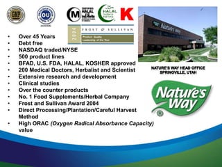 • Over 45 Years
• Debt free
• NASDAQ traded/NYSE
• 500 product lines
• BFAD, U.S. FDA, HALAL, KOSHER approved
• 200 Medical Doctors, Herbalist and Scientist
• Extensive research and development
• Clinical studies
• Over the counter products
• No. 1 Food Supplements/Herbal Company
• Frost and Sullivan Award 2004
• Direct Processing/Plantation/Careful Harvest
Method
• High ORAC (Oxygen Radical Absorbance Capacity)
value
 