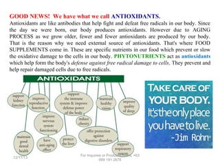 GOOD NEWS! We have what we call ANTIOXIDANTS.
Antioxidants are like antibodies that help fight and defeat free radicals in our body. Since
the day we were born, our body produces antioxidants. However due to AGING
PROCESS as we grow older, fewer and fewer antioxidants are produced by our body.
That is the reason why we need external source of antioxidants. That's where FOOD
SUPPLEMENTS come in. These are specific nutrients in our food which prevent or slow
the oxidative damage to the cells in our body. PHYTONUTRIENTS act as antioxidants
which help form the body's defense against free radical damage to cells. They prevent and
help repair damaged cells due to free radicals.

12/17/13

For Inquiries or Product Orders, +63
999 191 2678

 