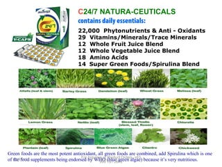 C24/7 NATURA-CEUTICALS
contains daily essentials:
22,000 Phytonutrients & Anti - Oxidants
29 Vitamins/Minerals/Trace Minerals
12 Whole Fruit Juice Blend
12 Whole Vegetable Juice Blend
18 Amino Acids
14 Super Green Foods/Spirulina Blend

Green foods are the most potent antioxidant, all green foods are combined, add Spirulina which is one
For Inquiries or Product Orders, +63
12/17/13
of the food supplements being endorsed by WHO (blue green algae) because it’s very nutritious.
999 191 2678

 