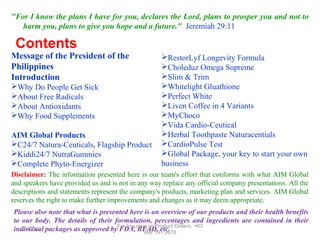 "For I know the plans I have for you, declares the Lord, plans to prosper you and not to
harm you, plans to give you hope and a future." Jeremiah 29:11

Contents

Message of the President of the
Philippines
Introduction
Why Do People Get Sick
About Free Radicals
About Antioxidants
Why Food Supplements
AIM Global Products
C24/7 Natura-Ceuticals, Flagship Product
Kiddi24/7 NutraGummies
Complete Phyto-Energizer

RestorLyf Longevity Formula
Choleduz Omega Supreme
Slim & Trim
Whitelight Gluathione
Perfect White
Liven Coffee in 4 Variants
MyChoco
Vida Cardio-Ceutical
Herbal Toothpaste Naturacentials
CardioPulse Test
Global Package, your key to start your own
business

Disclaimer: The information presented here is our team's effort that conforms with what AIM Global
and speakers have provided us and is not in any way replace any official company presentations. All the
descriptions and statements represent the company's products, marketing plan and services. AIM Global
reserves the right to make further improvements and changes as it may deem appropriate.
Please also note that what is presented here is an overview of our products and their health benefits
to our body. The details of their formulation, percentages and ingredients are contained in their
Product
12/17/13
individual packages as approved byFor Inquiries or 191 2678
FDA, BFAD, etc. Orders, +63
999

 
