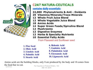 C24/7 NATURA-CEUTICALS
contains daily essentials:
22,000 Phytonutrients & Anti - Oxidants
29 Vitamins/Minerals/Trace Minerals
12 Whole Fruit Juice Blend
12 Whole Vegetable Juice Blend
18 Amino Acids
14 Super Green Foods/Spirulina Blend
12 Mushrooms
12 Digestive Enzymes
12 Herbs & Specialty Nutrients
10 Essential Fatty Acids
From Flaxseed and Sunflower seed
1. Flax Seed
2. Oleic Acid
3. Linoleic Acid
4. Palmitic Acid
5. Stearic Acid

6. Behenic Acid
7. Gadoleic Acid
8. Palmitoleic Acid
9. Eicosanoic Acid
10. Lignoceric Acid

Amino acids are the building blocks, only 8 are produced by the body and 10 comes from
the food that we eat.
For Inquiries or Product Orders, +63
12/17/13

999 191 2678

 