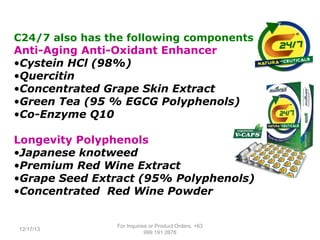 C24/7 also has the following components
Anti-Aging Anti-Oxidant Enhancer
•Cystein HCl (98%)
•Quercitin
•Concentrated Grape Skin Extract
•Green Tea (95 % EGCG Polyphenols)
•Co-Enzyme Q10

Longevity Polyphenols
•Japanese knotweed
•Premium Red Wine Extract
•Grape Seed Extract (95% Polyphenols)
•Concentrated Red Wine Powder

12/17/13

For Inquiries or Product Orders, +63
999 191 2678

 