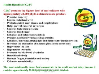 The most nutritionally dense food concentrate in the world market today because it
contains approximately 22,000 For Inquiries or Product Orders, product.
phytonutrients in one +63
12/17/13
999 191 2678

 