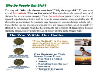 Why Do People Get Sick?
You may ask, “Where do diseases come from?” Why do we get sick? We have what
we call free radicals. What are free radicals? Free radicals are the external sources of
diseases that we encounter everyday. These free radicals are produced when our cells are
exposed to pollutants or toxins such as cigarette smoke, alcohol, smog, pesticides, etc. If
allowed to go unchecked, free-radicals have been proven to cause damage to body cells.
The cells that line our arteries, our immune cells and nervous system can all be negatively
affected by free-radicals which has been linked to the formation of degenerative diseases
including cancer, cardiovascular (HEART) disease and the aging process itself.

12/17/13

For Inquiries or Product Orders, +63
999 191 2678

 