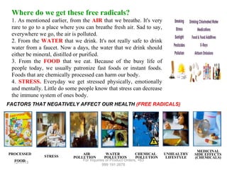 Where do we get these free radicals?
1. As mentioned earlier, from the AIR that we breathe. It's very
rare to go to a place where you can breathe fresh air. Sad to say,
everywhere we go, the air is polluted.
2. From the WATER that we drink. It's not really safe to drink
water from a faucet. Now a days, the water that we drink should
either be mineral, distilled or purified.
3. From the FOOD that we eat. Because of the busy life of
people today, we usually patronize fast foods or instant foods.
Foods that are chemically processed can harm our body.
4. STRESS. Everyday we get stressed physically, emotionally
and mentally. Little do some people know that stress can decrease
the immune system of ones body.
FACTORS THAT NEGATIVELY AFFECT OUR HEALTH (FREE RADICALS)

PROCESSED
FOOD
12/17/13

STRESS

AIR
WATER
CHEMICAL
POLLUTION
POLLUTION
POLLUTION
For Inquiries or Product Orders, +63
999 191 2678

UNHEALTHY
LIFESTYLE

MEDICINAL
SIDE EFFECTS
(CHEMICALS)

 