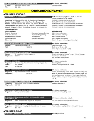 PHILIPPINES COLLEGE OF NORTHWESTERN LUZON 50% Discount on tuition fees:
La Union: San Antonio, Agoo, La Union Education Courses
Tel#: 522 1038
AFFILIATED SCHOOLS
ASIAN INSTITUTE OF E-COMMERCE For Business Bookeeping Course: P3,700 per trimester
For other courses: P5, 500 per trimester
Head Office: AIE Corporate Office Rizal St., Dagupan City, Pangasinan Tel. No. 075 5158048 / Cel. No. 09175070707
Dagupan Campus: P&C Fernandez Bldg., Perez Blvd., Dagupan City Tel. No. 075 5154112 / Cel. No. 09239109988
Alaminos Campus: Consumer Bldg., Marcos Ave., Palamis, Alaminos City Tel. No. 075 5512110 / Cel. No. 09207953488 / 09285940881
Calasiao Campus: RBCal Bldg., Rizal St., Poblacion Calasiao, Pangasinan Tel. No. 075 5176440 / Cel. No. 09296983664 / 09234804641
Urdaneta Campus: 3-4F Doña Marilou Bldg., Alexander St., Urdaneta City Tel. No. 075 5686162 / Cel. No. 09233587876
COURSES OFFERED:
2-Year Diploma In: Bachelor's Degree:
Electronic Commerce Computer Hardware Servicing B.S. in Electronic Commerce
Health Care Services Computer Programming B.S. in Information Technology
Hotel & Restaurant Services Bookkeeping B.S. in Computer Science
Hospitality & Travel Contact Center Agent B.S. in Business Administration
Culinary Arts (Major in Management, Marketing and Accounting)
ESCUELA DE NUESTRA SEÑORA DELA SALETTE 50% Discount on tuition fees:
Dagupan: Tapuac District Dagupan City Pre-school (Kinder 1 & 2)
TeL#: 522.3279 Grade School (Grade 1 & 6)
Junior High School (Grade 7 to 10)
GREENMONT SYSTEM INTERNATIONAL, INC. 50% Discount on tuition fees
Dagupan 3F Reyes Bldg Perez Blvd Dagupan City Caregiving, Nursing Aid, Massage Theraphy, Wellness Massage,
Telephone #: 5223217 Housekeeping, Household
25% discount on Nursing Review
INSTITUTO CENTRO ASIA 50% discount on tuition fees
Pangasinan 2F Llamas Bldg.,113 A.B Fernandez West Brgy I Dagupan City Caregiving NC II
Telefax: 075-6530891 Food and Beverage Services NC II (HRM)
Cel#: 9151801138
LYCEUM- NORTHWESTERN UNIVERSITY 20% discount on tuition fees
Pangasinan Tapuac District, Dagupan City, Pangasinan pre elem, elementary, high school, TESDA program, and College prog
Telephone #: 755155773 except for Medicine Proper, Dentistry Proper, Optometry Proper, and
fees specifically charged for medical and allied program like Clinical
Practice, Affiliation and special charges like Internship/apprenticeship,
OJT, etc.
SHEPHERDS CORNER TRAINING CENTER, INC. 50% Discount on tuition fees
Pangasinan: RACOS Bldg., Tonton St., Lingayen Pangasinan Massage Theraphy NC II
Telephone#; 696.1803
ST. ANDREW MONTESSORI & HIGH SCHOOL 20% discount on tuition fee
Pangasinan Nancayasam, Urdaneta City pre-school, elementary, & high school
50% Discount on tuition fees on the ff:
Pangasinan: 1 A. B. Fernandez West, Dagupan city, Pangasinan care giver, health care services & call center training
SENOR TESORO ACADEMY SCHOOL 15% Discount on tuition fees:
Pangasinan: #724 McArthur Hiway Brgy. San Miguel Calasiao Pangasinan Pre-school, Elementary, High School & Culinary Arts Courses
Tel#: 523.4423
AFFILIATED CLINIC
BIOTECHNICA DIAGNOSTIC LABORATORY Annual Physical Exam
PANGASINAN (LINGAYEN)
ST. GABRIEL INTERNATIONAL CENTRE FOR TRAINING & SKILLS
DEVELOPMENT, INC.
16
 