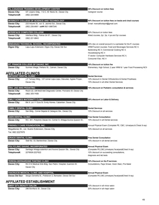 FIL-CANADIAN TRAINING DEVELOPMENT CENTER 30% Discount on tuition fees
Davao City: GF Losano Gldg., 112 C. M. Recto St., Davao City Caregiver course
Telephone#: (082) 224-6689
INTERCITY COLLEGE OF SCIENCE AND TECHNOLOGY 50% Discount on tuition fees on tesda and ched courses
Davao City: 233 Araullo St., cor. E. Jacinto Ext., Davao City Email: marizaflordayrit@gmail.com
Telephone#: (082) 226-8951 cell# 0921-5867240
INTERFACE COMPUTER COLLEGE 50% Discount on tuition fees
Davao City: Interface Bldg., Palma Gil ST., Davao City Allied courses, 2yr, 3yr, 4 ye and 5yr courses
Telephone#: (082) 221-8843
MINDANAO TECHNICAL SCHOOL, INCORPORATED 25% disc on overall account in a semester for the ff. courses:
Digos City: Lapu-Lapu Extension, Digos City, Davao Del Sur HRM/Tourism courses: Food and Beverages Services NC II,
Bartending NC II, Commercial Cooking NC II,
Housekeeping NC II
IT sector: Computer Hardware Services NC II,
Consumer Elec. NC II
ST. FRANCIS COLLEGE OF DAVAO, INC. 15% Discount on tuition fee
Davao City: Sunrise Village, Peñano St., Calinan, Davao City Elementary, High School, 2 year HRM & 1 year Food Proceesing NCII
AFFILIATED CLINICS
ANTHONY DENTAL CLINIC Dental Services
Davao City: J.F Tamayo Bldg., 127 corner Lapu-Lapu, Dacudao, Agdao Proper, 10% discount in Dental Orthodontics & Dental Prosthesis
Davao City 15% discount in all other Dental Services
DRA. JAO ANG PEDIATRIC 10% discount on Pediatric consultation & services
Davao City: Room 22, UM Multi-test Diagnostic Center, Ponciano St. Davao City
Telephone#: (082) 305-7408
EMILY HOMES MATERNITY CLINIC 20% discount on Labor & Delivery
Davao City: Blk 8. Lot 11 Ezra St. Emily Homes, Cabantian, Davao City
FAMILY DENTAL CLINIC Dental Services
Davao City: San Bldg., Corner Bajada & Cabaguio Sts., Davao City 10% Discount on all services
JAEN DENTAL CLINIC Free Dental Consultation
Davao City: Rm. 301, Polyclinic Davao Inc. Corner S. Artiaga-Aurora Quezon St., 10% discount in all Dental services
FRIENDLY CARE FOUNDATION, INC. Annual Physical Exam (Complete PE, CBC, Urinalysis & Chest X-ray)
Magallanes St., cor. Ilustre Extension, Davao City 10% discount on all services
Tel. 082 2227970
GRACE DENTAL CLINIC Free Dental Consultation
Davao City: Stall No. 33, Bankerohan, Davao City 15% discount in all dental services
POLYCLINIC DAVAO, INCORPORATED Annual Physical Exam
Davao City: Santiago Artiaga extention and Aurora Quezon Sts., Davao City (Complete PE,CBC,Urinalysis,Fecalysis&Chest X-ray)
Telephone#: 2279508-2227622 10% discount on succeeding consultations,
diagnosis and lab tests
TERESA BERNARDINE PANTINO CLINIC 10% Discount on the ff services:
Davao City: Rm 514 Medical Arts Bldg. San Pedro Hospital, Guerrero St. Consultations, Paps Smear, Gram Stain, Pre-Natal
Davao City
VIACRUCIS MEDICAL CLINIC AND HOSPITAL Annual Physical Exam
Davao Del Sur: Sergio Osmeña St., Poblacion 2, Bansalan, Davao Del Sur (Complete PE,CBC,Urinalysis,Fecalysis&Chest X-ray)
AFFILIATED ESTABLISHMENT
AMSY QT's BEAUTY SALON 10% discount in all minor salon
Davao City: 296 Bonifacio St., Davao City 20% discount in all major salon
49
 