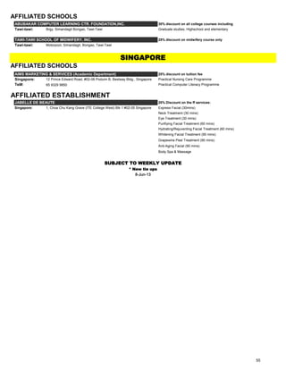 AFFILIATED SCHOOLS
ABUBAKAR COMPUTER LEARNING CTR. FOUNDATION,INC. 30% discount on all college courses including
Tawi-tawi: Brgy. Simandagit Bongao, Tawi-Tawi Graduate studies, Highschool and elementary
TAWI-TAWI SCHOOL OF MIDWIFERY, INC. 25% discount on midwifery course only
Tawi-tawi: Motorpool, Simandagit, Bongao, Tawi-Tawi
AFFILIATED SCHOOLS
AIMS MARKETING & SERVICES (Academic Department) 25% discount on tuition fee
Singapore: 12 Prince Edward Road, #02-08 Poduim B, Bestway Bldg., Singapore Practical Nursing Care Programme
Tel#: 65 9329 9850 Practical Computer Literacy Programme
AFFILIATED ESTABLISHMENT
JABELLE DE BEAUTE 20% Discount on the ff services:
Singapore: 1, Choa Chu Kang Grave (ITE College West) Blk 1 #02-05 Singapore Express Facial (30mins)
Neck Treatment (30 mins)
Eye Treatment (30 mins)
Purifiying Facial Treatment (60 mins)
Hydrating/Rejuventing Facial Treatment (60 mins)
Whitening Facial Treatment (90 mins)
Grapewine Peel Treatment (90 mins)
Anti-Aging Facial (90 mins)
Body Spa & Massage
8-Jun-13
* New tie ups
SUBJECT TO WEEKLY UPDATE
SINGAPORE
55
 