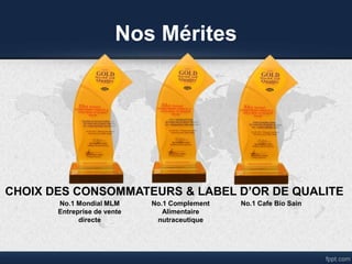 Nos Mérites
CHOIX DES CONSOMMATEURS & LABEL D’OR DE QUALITE
No.1 Mondial MLM
Entreprise de vente
directe
No.1 Complement
Alimentaire
nutraceutique
No.1 Cafe Bio Sain
 