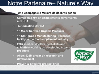 Notre Partenaire– Nature’s Way
• Une Compagnie à Milliard de dollards par an
• Compagnie N°1 en compléments alimentaires
aux USA
• Autorisation USFDA
• 1st Major Certified Organic Producer
• 1st GMP (Good Manufacturing Processes)
facility in the food supplement industry
• 200+ medical doctors, herbalists and
scientists working on developing superior
products
• Allots $25M a year on research and
development
• Proven & Effective product lines
 