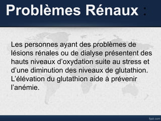 Problèmes Rénaux :
Les personnes ayant des problèmes de
lésions rénales ou de dialyse présentent des
hauts niveaux d’oxydation suite au stress et
d’une diminution des niveaux de glutathion.
L’élévation du glutathion aide à prévenir
l’anémie.
 