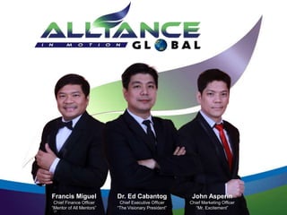 Francis Miguel
Chief Finance Officer
“Mentor of All Mentors”
Dr. Ed Cabantog
Chief Executive Officer
“The Visionary President”
John Asperin
Chief Marketing Officer
“Mr. Excitement”
 