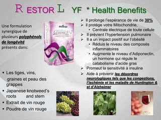 Une formulation
synergique de
plusieurs polyphénols
de longévité
présents dans:
 Les tiges, vins,
graines et peau des
grappes
 Japanese knotweed’s
roots and stem
 Extrait de vin rouge
 Poudre de vin rouge
 Il prolonge l’espérance de vie de 30%
 il protège votre Mitochondrie,
• Centrale électrique de toute cellule
 Il prévient l’hypertension pulmonaire
 Il a un impact positif sur l’obésité
• Réduis le niveau des composés
inflammatoires
• Augmente le niveau d’Adiponectin,
un hormone qui régule le
catabolisme d’acide gras
 Promeut la sensitivité à insuline
 Aide à prévenir les désordres
neurologiques tels que les congestions,
l’ischémie et les maladie de Huntington &
et d’Alzheimer
R ESTOR L YF * Health Benefits
 