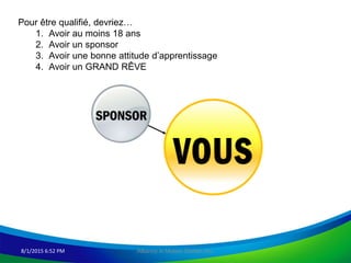 8/1/2015 6:52 PM Alliance in Motion Global, Inc.
Pour être qualifié, devriez…
1. Avoir au moins 18 ans
2. Avoir un sponsor
3. Avoir une bonne attitude d’apprentissage
4. Avoir un GRAND RÊVE
 
