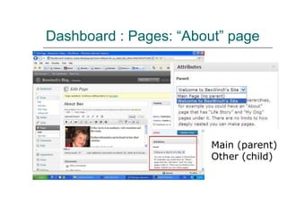 Dashboard : Pages: “About” page Main (parent) Other (child) 