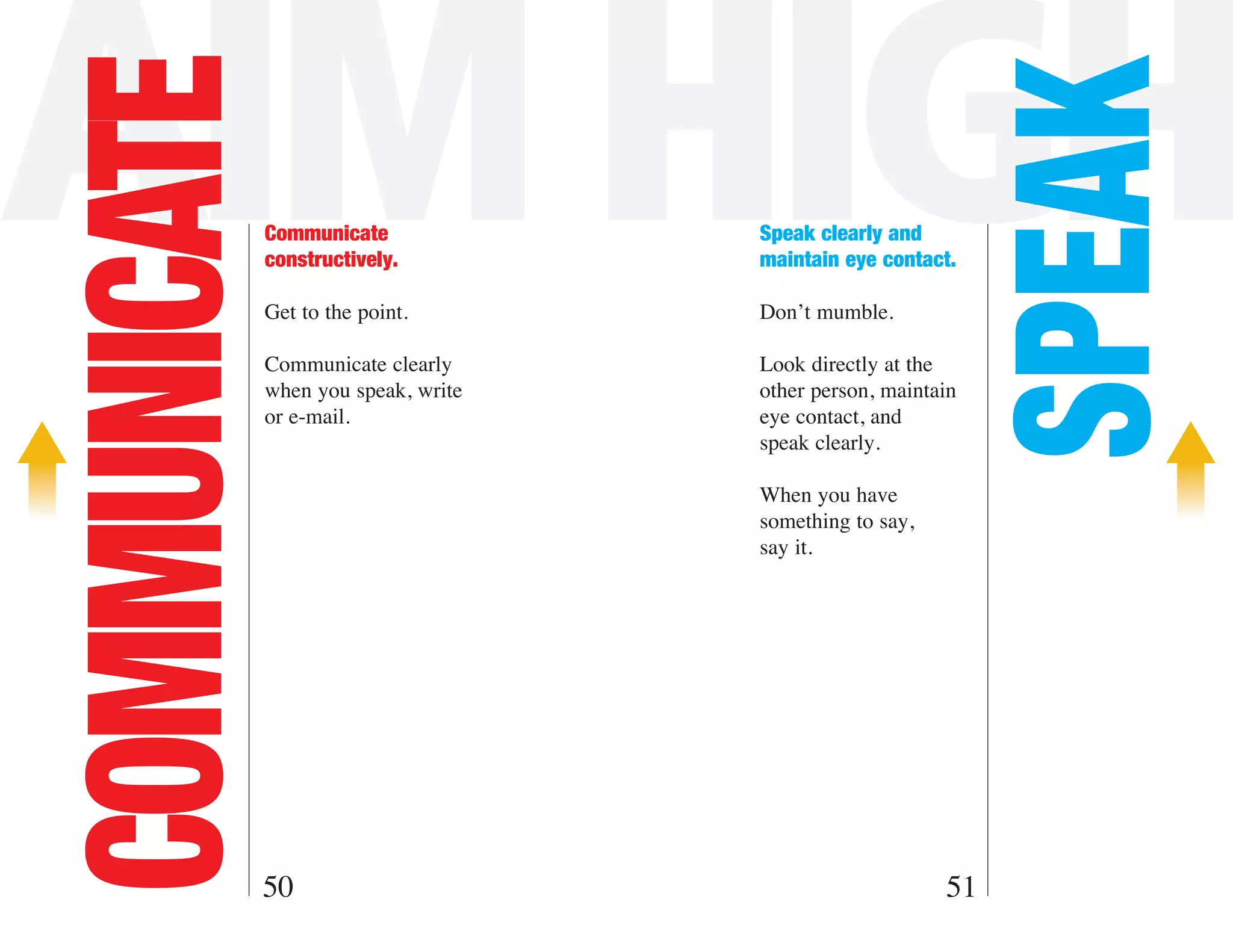 AIM HIGH
COMMUNICATE



                                                               SPEAK
              Communicate             Speak clearly and
              constructively.         maintain eye contact.

              Get to the point.       Don’t mumble.

              Communicate clearly     Look directly at the
              when you speak, write   other person, maintain
              or e-mail.              eye contact, and
                                      speak clearly.

                                      When you have
                                      something to say,
                                      say it.




          50                                              51
 