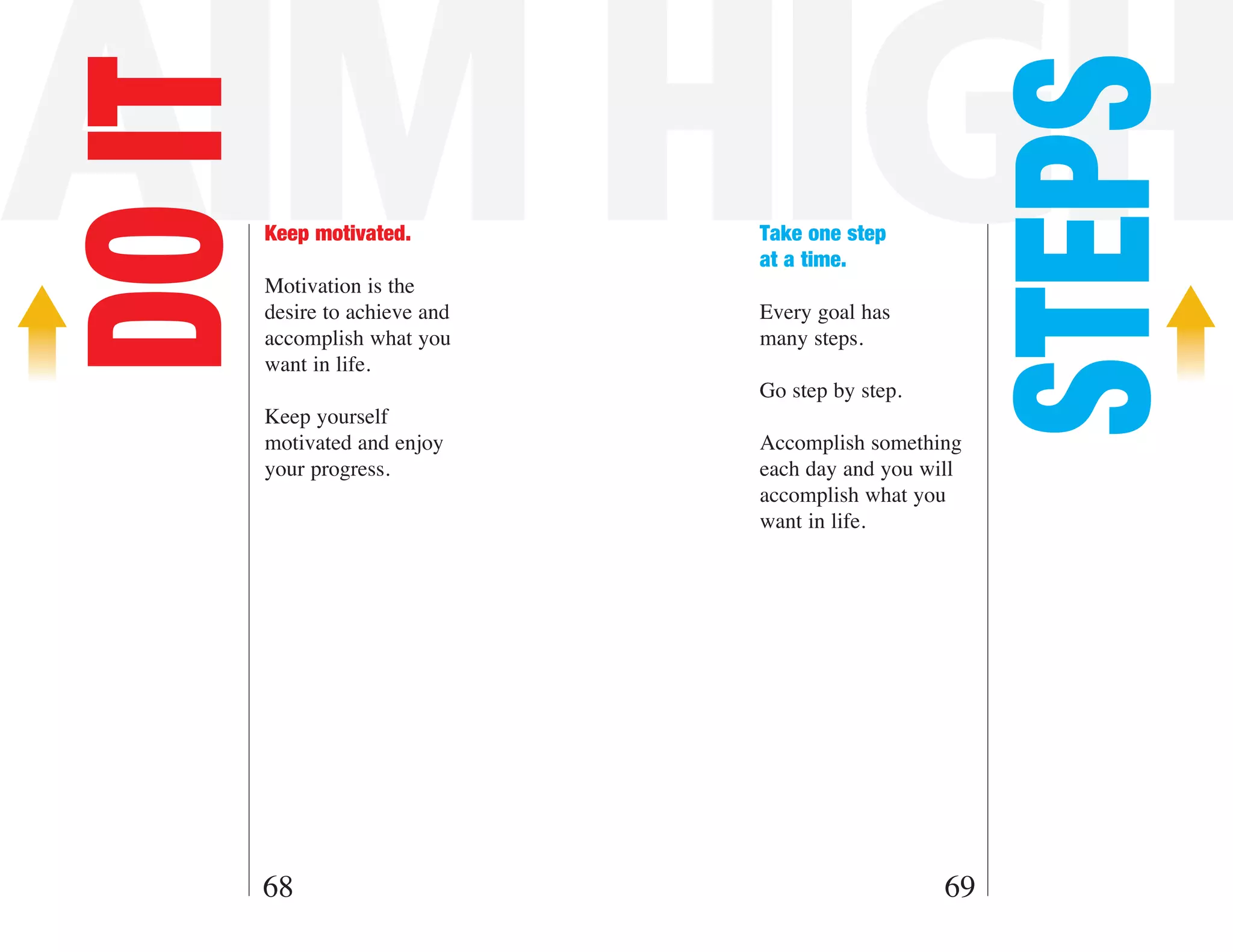 AIM HIGH

                                                        STEPS
DO IT   Keep motivated.

        Motivation is the
                                Take one step
                                at a time.

        desire to achieve and   Every goal has
        accomplish what you     many steps.
        want in life.
                                Go step by step.
        Keep yourself
        motivated and enjoy     Accomplish something
        your progress.          each day and you will
                                accomplish what you
                                want in life.




    68                                             69
 