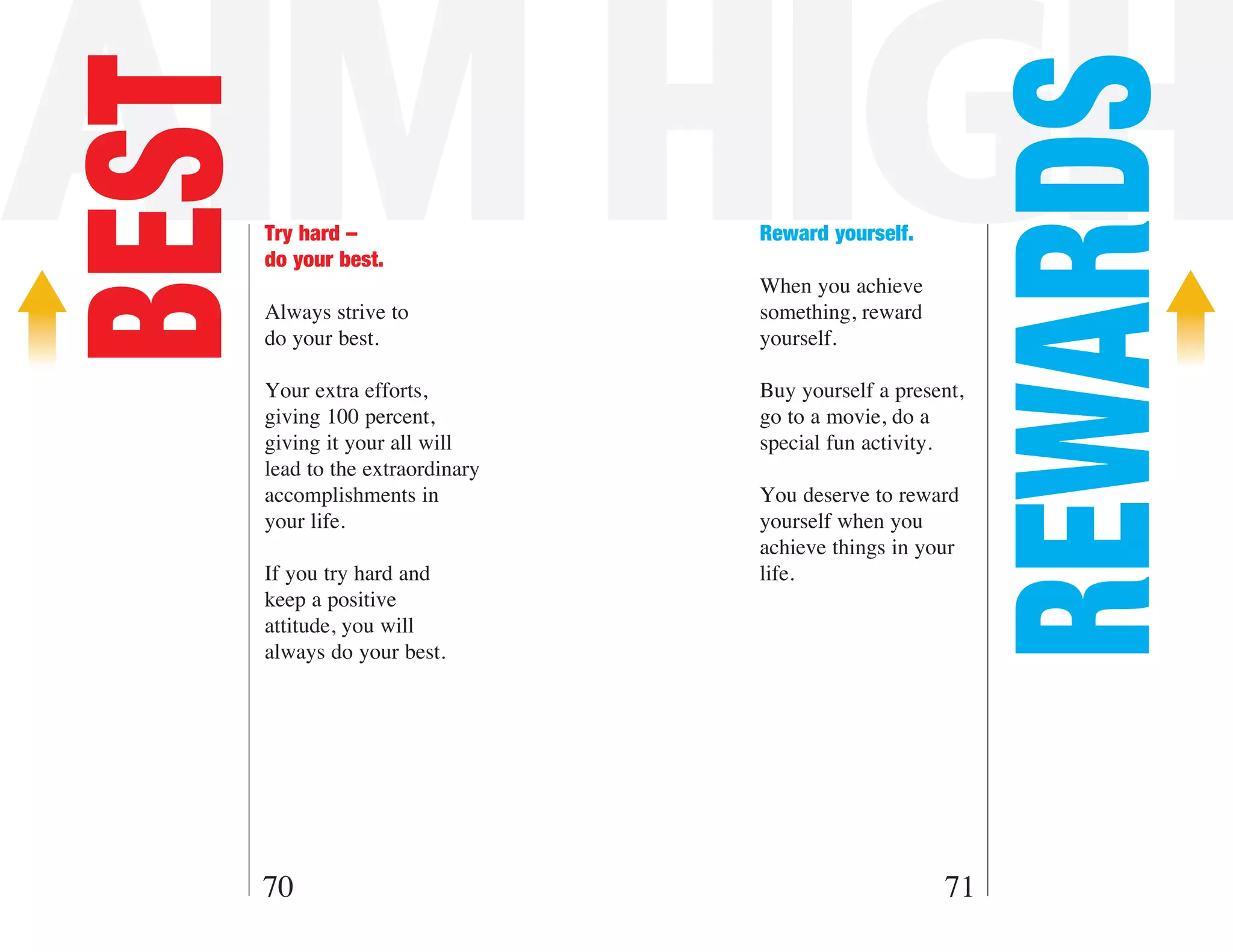 AIM HIGH

                                                             REWARDS
BEST   Try hard –
       do your best.
                                   Reward yourself.

                                   When you achieve
       Always strive to            something, reward
       do your best.               yourself.

       Your extra efforts,         Buy yourself a present,
       giving 100 percent,         go to a movie, do a
       giving it your all will     special fun activity.
       lead to the extraordinary
       accomplishments in          You deserve to reward
       your life.                  yourself when you
                                   achieve things in your
       If you try hard and         life.
       keep a positive
       attitude, you will
       always do your best.




   70                                                  71
 