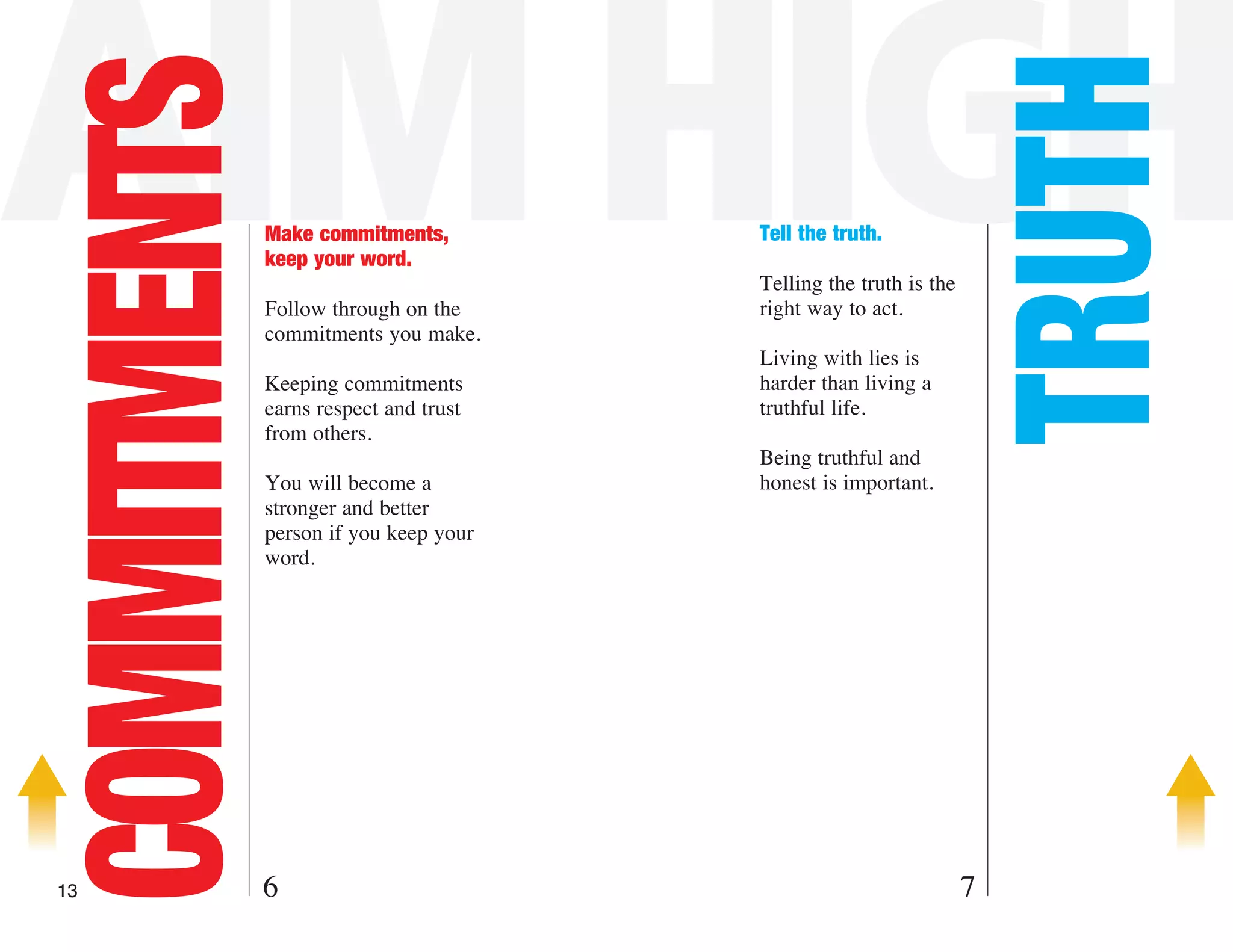 AIM HIGH

                                                                   TRUTH
COMMITMENTS   Make commitments,
              keep your word.
                                        Tell the truth.

                                        Telling the truth is the
              Follow through on the     right way to act.
              commitments you make.
                                        Living with lies is
              Keeping commitments       harder than living a
              earns respect and trust   truthful life.
              from others.
                                        Being truthful and
              You will become a         honest is important.
              stronger and better
              person if you keep your
              word.




13        6                                                        7
 