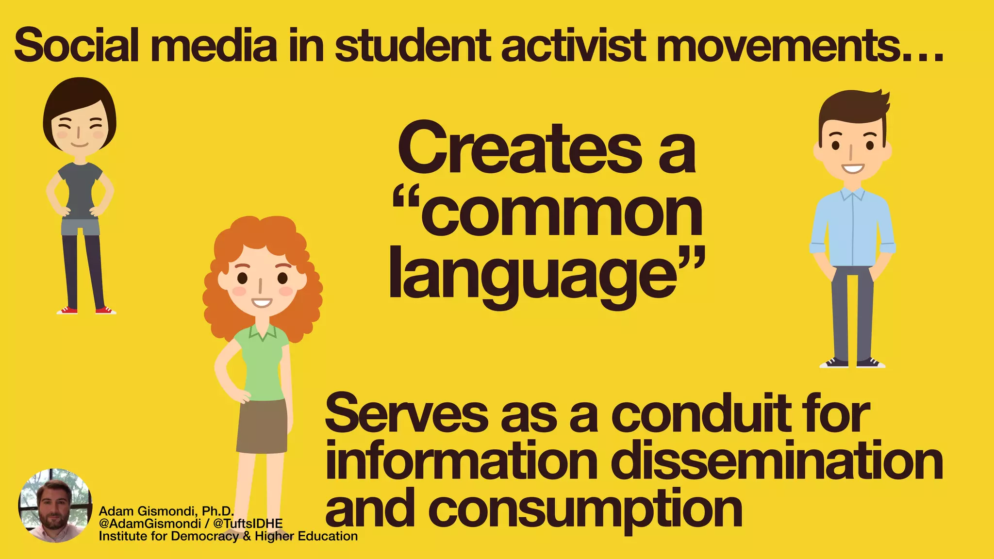 Social media in student activist movements…
Serves as a conduit for
information dissemination
and consumption
Creates a
“common
language”
Adam Gismondi, Ph.D.
@AdamGismondi / @TuftsIDHE
Institute for Democracy & Higher Education
 