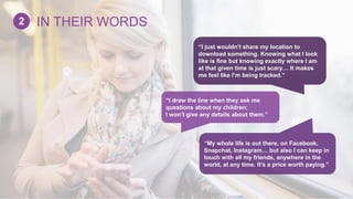 “I draw the line when they ask me
questions about my children;
I won’t give any details about them.”
“I just wouldn’t share my location to
download something. Knowing what I look
like is fine but knowing exactly where I am
at that given time is just scary… It makes
me feel like I’m being tracked.”
“My whole life is out there, on Facebook,
Snapchat, Instagram… but also I can keep in
touch with all my friends, anywhere in the
world, at any time. It’s a price worth paying.”
IN THEIR WORDS2
 