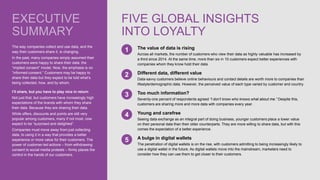 EXECUTIVE
SUMMARY
FIVE GLOBAL INSIGHTS
INTO LOYALTY
The way companies collect and use data, and the
way their customers share it, is changing.
In the past, many companies simply assumed their
customers were happy to share their data: the
“implied consent” model. Now, the emphasis is on
“informed consent.” Customers may be happy to
share their data but they expect to be told what’s
being collected, how, and by whom.
I’ll share, but you have to play nice in return
Not just that, but customers have increasingly high
expectations of the brands with whom they share
their data. Because they are sharing their data.
While offers, discounts and points are still very
popular among customers, many if not most, now
expect to be “surprised and delighted”.
Companies must move away from just collecting
data, to using it in a way that provides a better
experience or more value for their customers. The
power of customer-led actions – from withdrawing
consent to social media protests – firmly places the
control in the hands of our customers.
The value of data is rising
Across all markets, the number of customers who view their data as highly valuable has increased by
a third since 2014. At the same time, more than six in 10 customers expect better experiences with
companies whom they know hold their data.
Different data, different value
Data-savvy customers believe online behaviours and contact details are worth more to companies than
lifestyle/demographic data. However, the perceived value of each type varied by customer and country.
Too much information?
Seventy-one percent of respondents agreed “I don’t know who knows what about me.” Despite this,
customers are sharing more and more data with companies every year.
Young and carefree
Seeing data exchange as an integral part of doing business, younger customers place a lower value
on their personal data than their older counterparts. They are more willing to share data, but with this
comes the expectation of a better experience.
A bulge in digital wallets
The penetration of digital wallets is on the rise, with customers admitting to being increasingly likely to
use a digital wallet in the future. As digital wallets move into the mainstream, marketers need to
consider how they can use them to get closer to their customers.
1
2
3
4
5
 