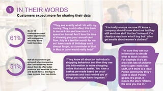 Customers expect more for sharing their data
IN THEIR WORDS1
61%
Six in 10
customers expect
better experiences
with companies
who they know
hold their data.
51%
Half of respondents get
annoyed when companies
don’t use what they know
about them to offer better
products and services. In India
and South Africa, that figure
rises to more than two-thirds.
“It actually annoys me now if I know a
company should know about me but they
still send me stuff that isn’t relevant. I’m
clearly a man from what I buy but I often
get emails about women’s clothes!”
“They know all about an individual’s
shopping behaviour and then they use
this information to make shopping
online that much easier. You have a
basket pre-made based on usual
purchases and they remind you of
things you might have forgotten.”
“They see exactly what I do with my
money. They could reflect this back
to me so I can see how much I
spend on booze! And I love the idea
of showing you your annual cash
flow. July is a terrible month for me
as I have loads of birthdays and I
always forget, so a reminder of that
in May or June would really help!” “I’m sure they use our
information to decide
what to stock in store.
For example if it’s an
area with lots of children
they’ll carry more kids’
stuff, or if there is a local
Polish community they’ll
start to stock Polish
goods. It’s great, it
means the store reflects
the area you live in.”
 