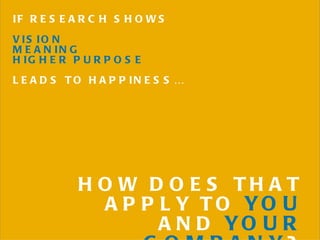 IF RESEARCH SHOWS  VISION MEANING HIGHER PURPOSE LEADS TO HAPPINESS… HOW DOES THAT APPLY TO  YOU  AND  YOUR COMPANY ? 