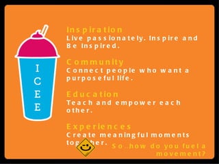 Inspiration Live passionately. Inspire and Be Inspired. Community Connect people who want a purposeful life. Education Teach and empower each other. Experiences Create meaningful moments together. So…how do you fuel a movement? 
