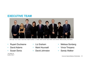 EXECUTIVE TEAM




 Left to right: Vince Timpano, Susan Doniz, Rupert Duchesne, Liz Graham, Mark Hounsell, Sandy Walker, David Johnston, Melissa Sonberg, David Adams




• Rupert Duchesne                                     • Liz Graham                                              • Melissa Sonberg
• David Adams                                         • Mark Hounsell                                           • Vince Timpano
• Susan Doniz                                         • David Johnston                                          • Sandy Walker

                                                                                                                         Annual and Special Meeting of Shareholders   22
 