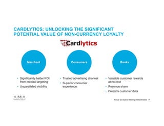 CARDLYTICS: UNLOCKING THE SIGNIFICANT
POTENTIAL VALUE OF NON-CURRENCY LOYALTY




         Merchant                     Consumers                            Banks




 • Significantly better ROI   • Trusted advertising channel   • Valuable customer rewards
   from precise targeting     • Superior consumer               at no cost
 • Unparalleled visibility      experience                    • Revenue share
                                                              • Protects customer data

                                                                    Annual and Special Meeting of Shareholders 37
 