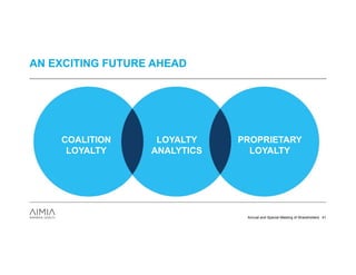 AN EXCITING FUTURE AHEAD




    COALITION      LOYALTY    PROPRIETARY
     LOYALTY      ANALYTICS     LOYALTY




                               Annual and Special Meeting of Shareholders 41
 