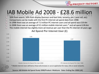 IAB Mobile Ad 2008 - £28.6 million<br />50% from search, 50% from display (banners and text links, tenancy, pre / post rol...