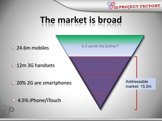 The market is broad<br />Is it worth the bother?<br />24.6m mobiles<br />12m 3G handsets<br />20% 2G are smartphones<br />...