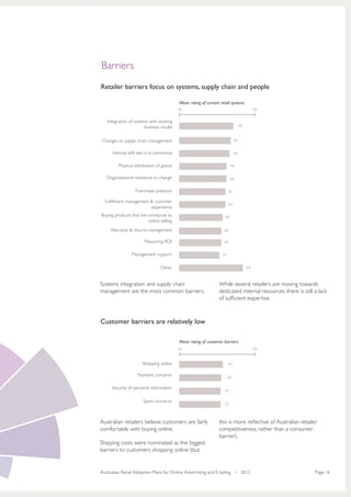 Barriers
Retailer barriers focus on systems, supply chain and people

                                           Mean rating of current retail systems
                                          1.0                                                     7.0


   Integration of systems with existing
                       business model                                                 5.0



Changes to supply chain management                                              4.7


      Internal skill sets in e-commerce                                         4.6


         Physical distribution of goods                                    4.4


   Organisational resistance to change                                     4.4


                  Franchisee pressure                                    4.3

  Fulfillment management & customer
                                                                         4.3
                         experience
Buying products that are conducive to                                4.0
                         online selling
     Warranty & returns management                                  3.9


                       Measuring ROI                                3.9


                Management support                                 3.7


                                Other                                                       5.9



Systems integration and supply chain                             While several retailers are moving towards
management are the most common barriers.                         dedicated internal resources, there is still a lack
                                                                 of sufficient expertise.



Customer barriers are relatively low

                                           Mean rating of customer barriers
                                          1.0                                                     7.0



                      Shopping online                                     4.1


                    Payment concerns                                  3.8


      Security of personal information
                                                                    3.7


                       Spam concerns
                                                                    3.7




Australian retailers believe customers are fairly                this is more reflective of Australian retailer
comfortable with buying online.                                  competitiveness, rather than a consumer
                                                                 barrier).
Shipping costs were nominated as the biggest
barriers to customers shopping online (but


Australian Retail Adoption Plans for Online Advertising and E-tailing • 2012                                  Page 16
 