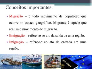 Conceitos importantes
• Migração – é todo movimento de população que
ocorre no espaço geográfico. Migrante é aquele que
realiza o movimento de migração.
• Emigração – refere-se ao ato da saída de uma região.
• Imigração – refere-se ao ato da entrada em uma
região.
 