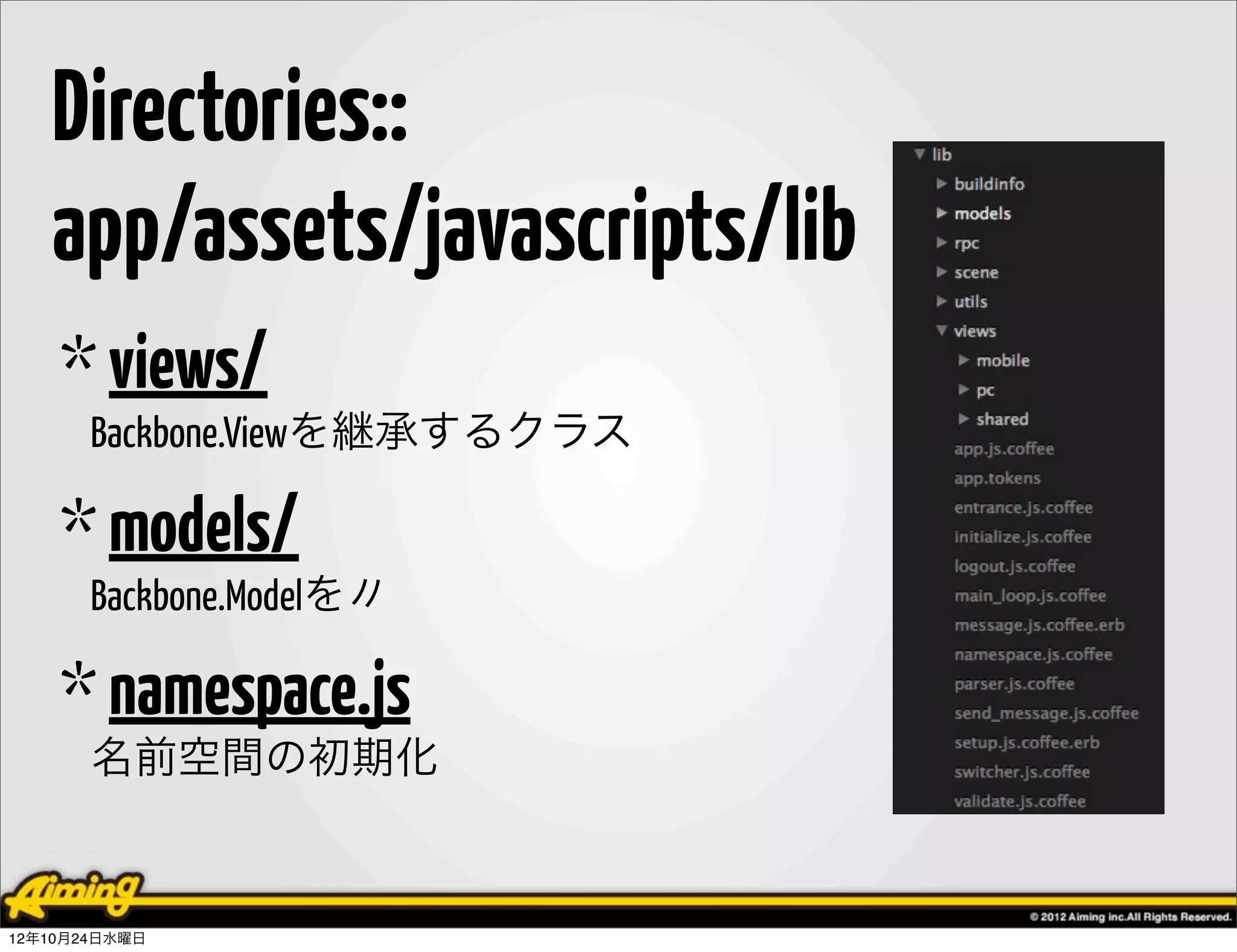 Directories::
   app/assets/javascripts/lib
    * views/
       Backbone.Viewを継承するクラス

    * models/
       Backbone.Modelを〃

    * namespace.js
       名前空間の初期化


12年10月24日水曜日
 