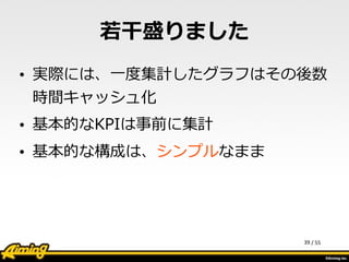 /	
  55
若若⼲干盛りました
• 実際には、⼀一度度集計したグラフはその後数
時間キャッシュ化  
• 基本的なKPIは事前に集計  
• 基本的な構成は、シンプルなまま
39
 