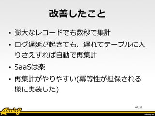 /	
  55
改善したこと
• 膨⼤大なレコードでも数秒で集計  
• ログ遅延が起きても、遅れてテーブルに⼊入
りさえすれば⾃自動で再集計  
• SaaSは楽  
• 再集計がやりやすい(冪等性が担保される
様に実装した)
40
 